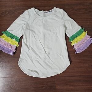 White Women's Fringe Sleeve Blouse with Pastel Accents